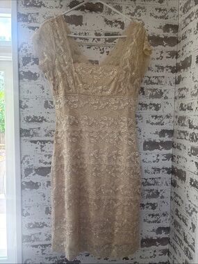 Lace V-Neck Cap Sleeve Dress in Champagne, lace with iridescent sew, linned